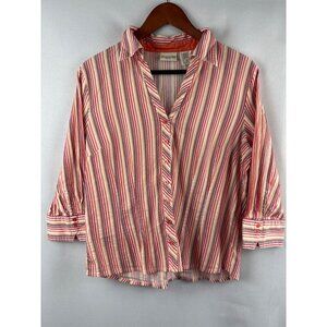 St. Johns Bay Petite Large Striped Button-Up Shirt 3/4 Sleeve Cotton & Spandex M